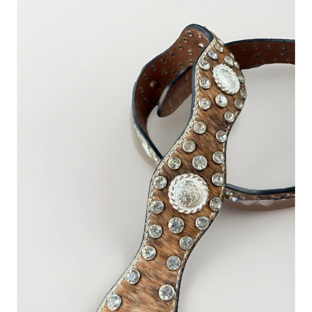 Nocona Womens Western Belt Hair On Hide Leather Rhinestone Concho Silver Small S